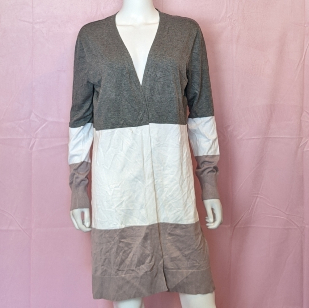 Three Tone Color Block Longline Open Front Cardigan Sweater size Large